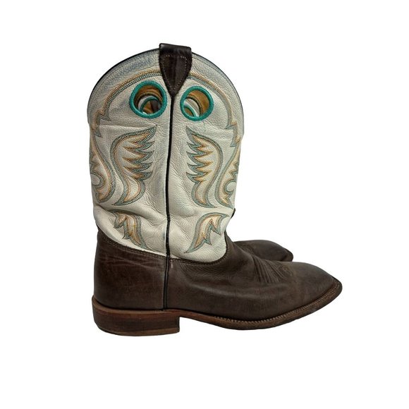 JUSTIN Bent Rail Boots BR313 Brown White w Turquoise Western Square Toe Mens 11 - Picture 2 of 14
